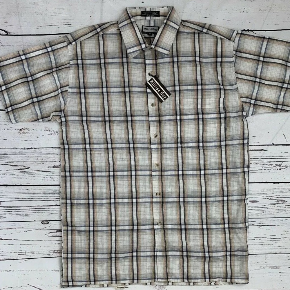 Short Sleeve Plaid Blue Beige Button Front Shirt M
